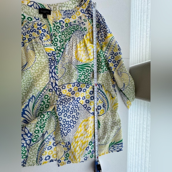 Talbots Green Yellow Blue Paisley Smocked Button Down Size Petite Large - Picture 7 of 10